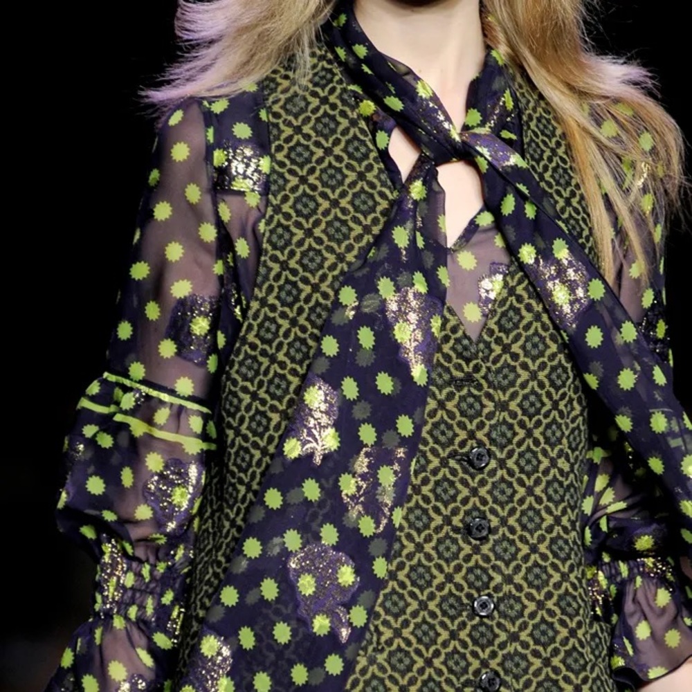 Anna Sui Fall/Winter RTW Silk Navy Green Star Print Flower Dress
